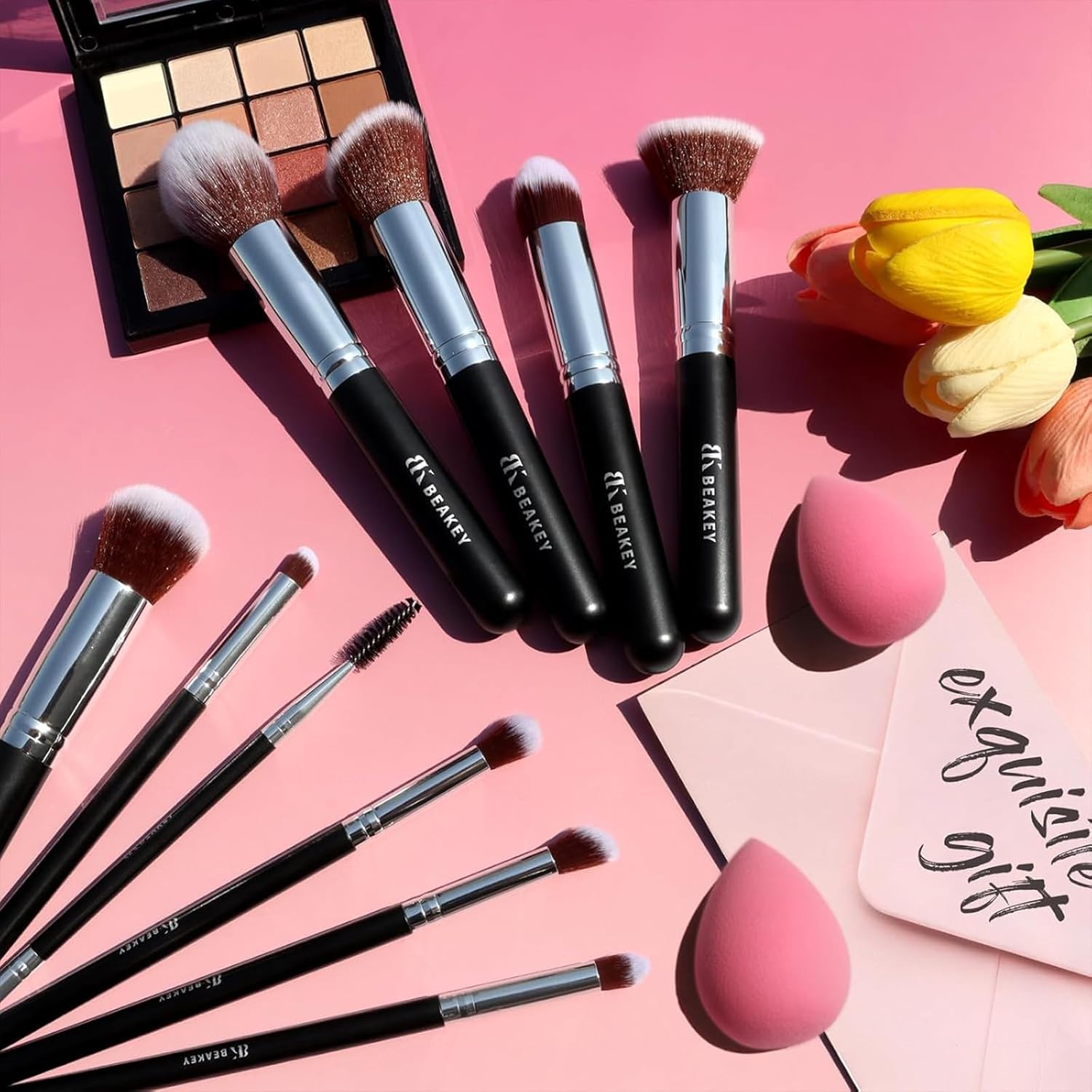 BEAKEY Makeup Brushes Set, Professional Foundation Eyeshadow Concealer Blush Powder Bronzer Applicator, 2 Blender Sponge with Beauty Paper Case, Valentines Day Gifts for Her
